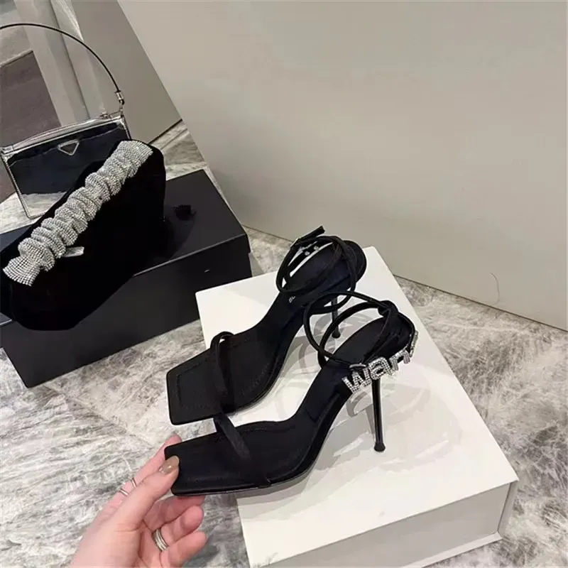 New With Thin Heel Sandals Female Cross over Rhinestone Letter Sexy Open Toe Square Head High Heel Shoes Female Luxury
