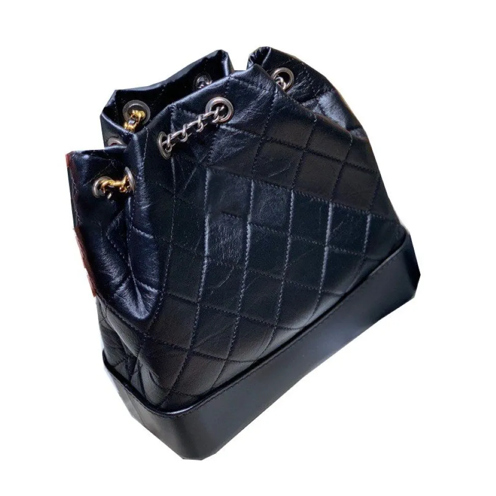 2022ss frança feminina cordão vintage preto mochila sacos balde acolchoado envelhecido ouro-prata metal ferragem matelasse corrente deve2683