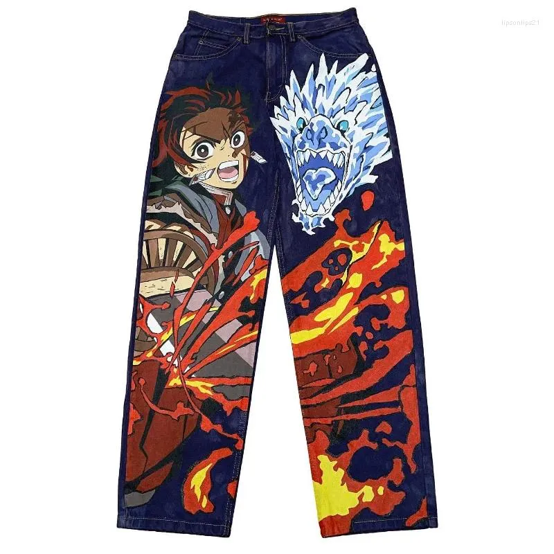 Jeans pour femmes Y2K Baggy Femmes Anime Print Motif Harajuku Bleu pour hommes et styles à la mode Streetwear Wide Leg