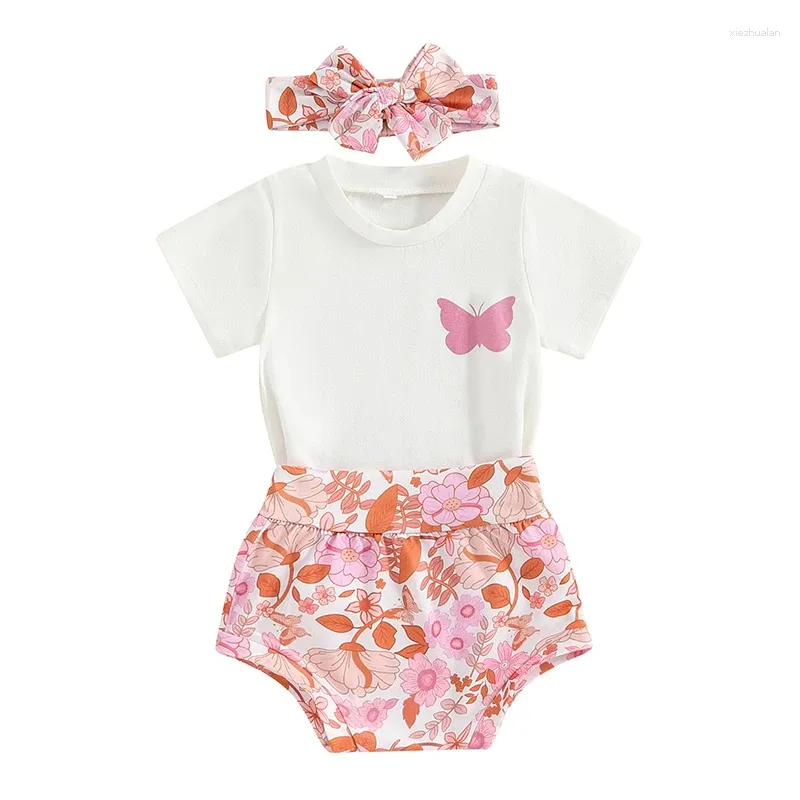 Ensembles de vêtements pour bébés filles, tenues d'été, hauts à manches courtes, T-shirt papillon, Shorts à fleurs, vêtements nés