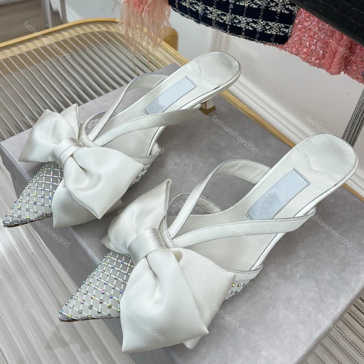 Rhinestone 5cm Heels Sandals مشهور مصمم نسائي أحذية ساتان شبكية القوس slingbacks bowknot جودة جلدية حذاء المساء مع مربع 10A 35-41