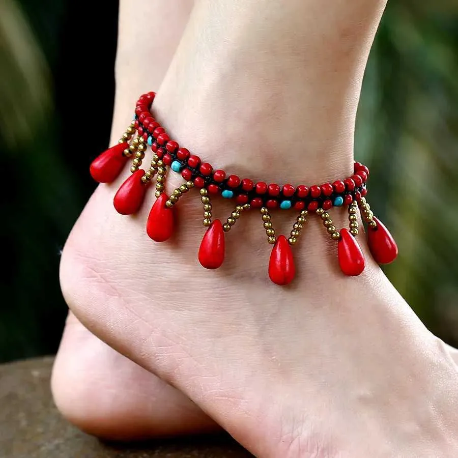 Anklets Bohemian Semi-precious Stones Anklet Water Drop Foot Chains Handknit Ethnic Style Beach Catwalk Turquoise Feet Jewelry For Women zln240223