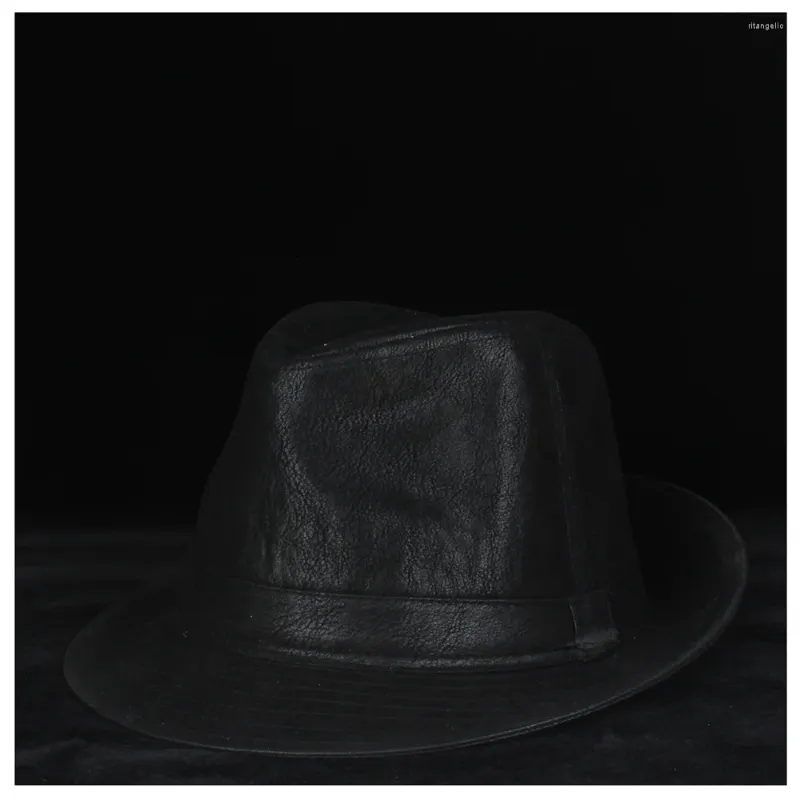 Bérets Cuir Hommes Fedora Chapeau Pour Papa Noir Jazz Authentique Gentleman Billycock Homburg Parrain