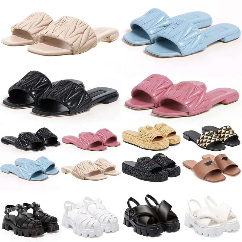 2024 디자이너 Espadrille Sandals 슬라이드 슬리퍼 Miui 럭셔리 블랙 베이지 색 Bule 핑크 여자 소녀 모노리스 폼 고무 Matelasse Nappa 가죽 슬라이드 패션