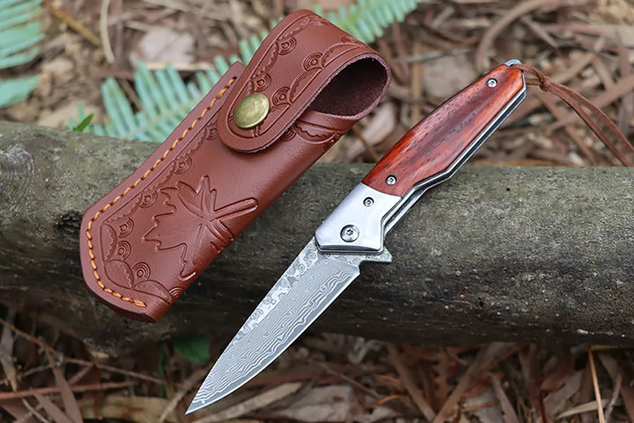 Remise Chaude Couteau pliant Flipper VG10, lame en acier damas, bois de rose avec manche en acier, rondelle à roulement à billes pour l'extérieur, couteaux de dossier à ouverture rapide