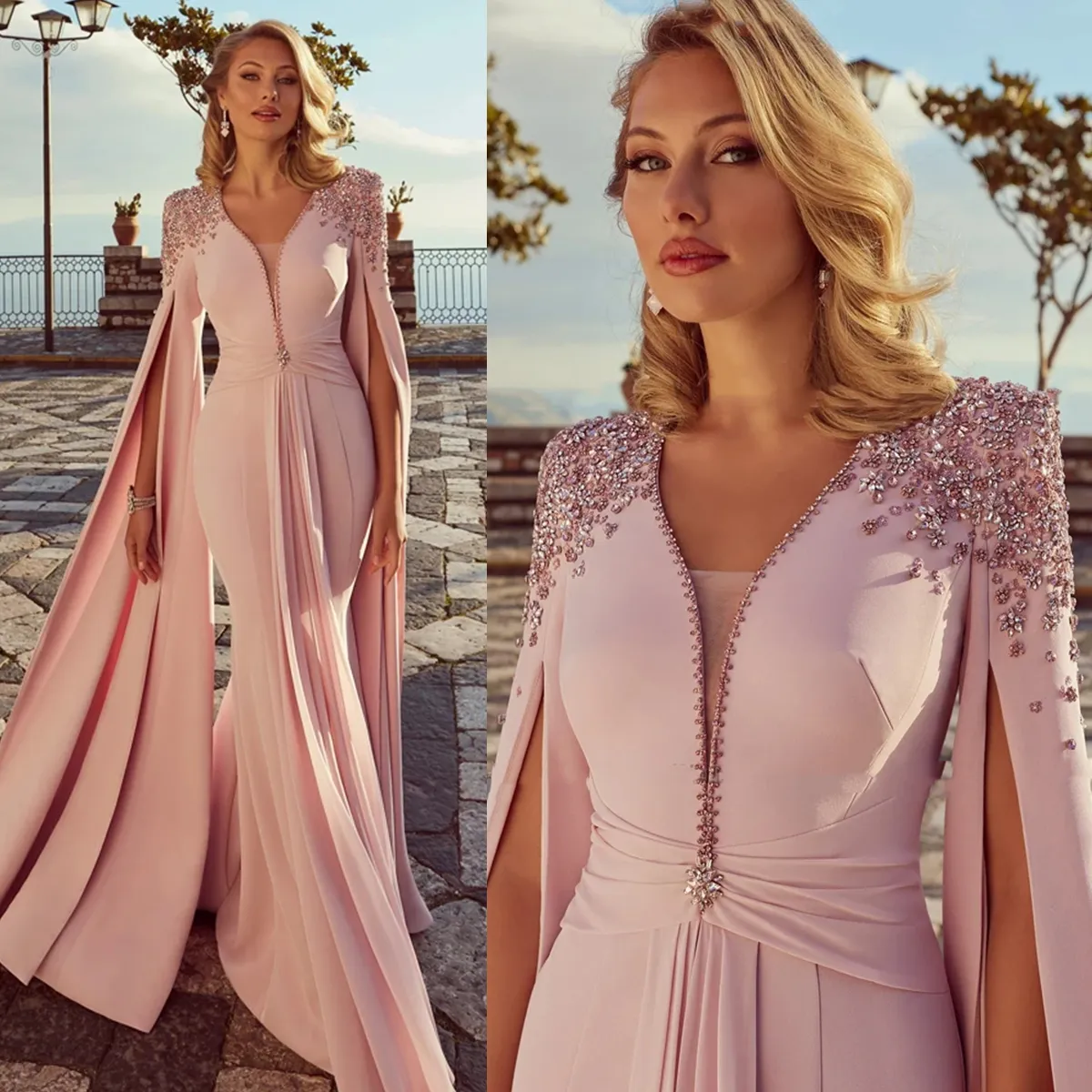 Elegant Mother of the Bride Dresses Pink Crystal Beaded Ruched Satin  Mermaid Wedding Guest Dress with Cape Sleeves