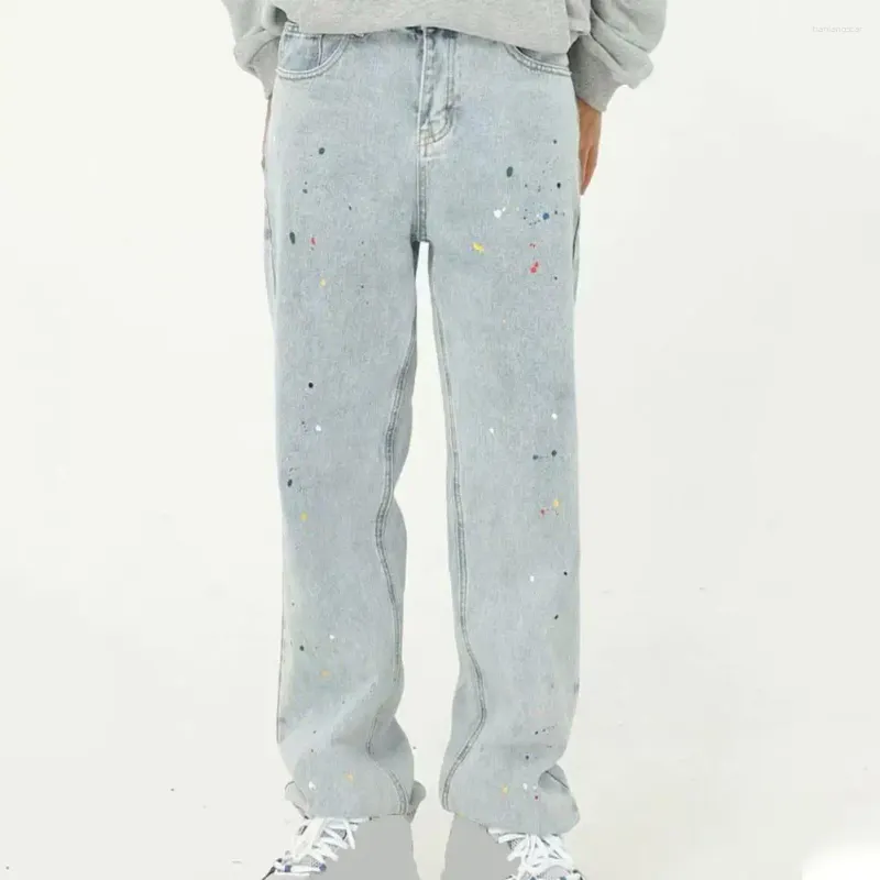 Men's Jeans Men Straight-legged Graffiti Baggy Korean Fashion Denim Trousers Spring Autumn Pants With Zipper Pockets