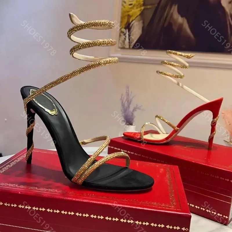 Rene Caovilla Designer-Sandalen für Damenschuhe, Cleo, Strass-Stiletto-Absatz, römische Sandale, Knöchel, Serpentin, umlaufender 9,5 cm hoher Schuh mit hohem Absatz, 35–43 mit Box