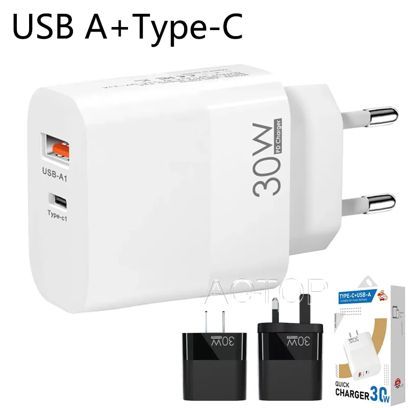 Type-C+USB Dual Port Wall Adapters 30W Telefon LAPTOP LARGER EU/US/UK ADAPTERAD FÖR IPHONE SAMSUNG SMART TELEFON