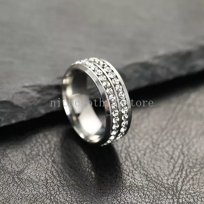 316L en acier inoxydable doubles lignes de cristal autrichien pour hommes femmes de qualité supérieure mignons band doigt ring