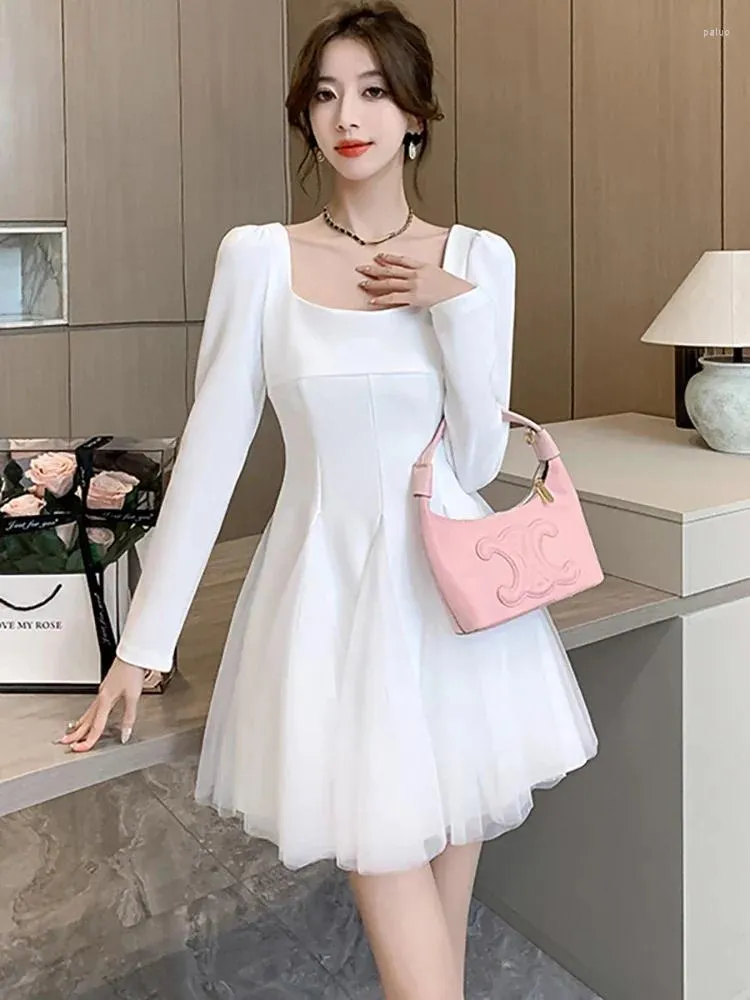 Casual Dresses White Square Collar Elegant Patchowrk Mesh A-Line Mini Dress Women Autumn Winter 2024 Korean BodyCon Party Vestidos