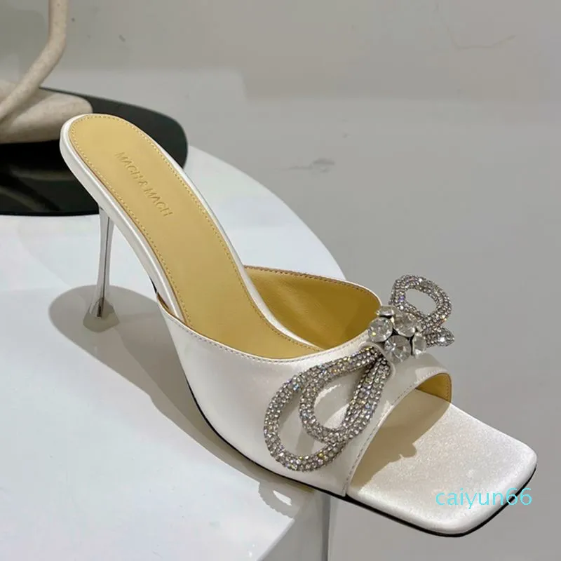 Sandali da donna con fiocco alla moda Designer Ciabatte in raso Scarpe con tacco alto 9,5 cm