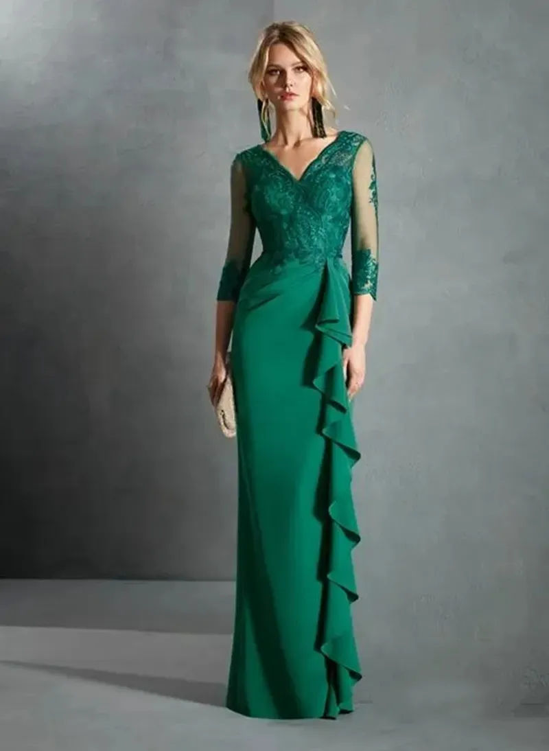 신부 드레스의 우아한 녹색 어머니 주름 긴 소매 레이스 아플리케 바닥 길이 웨딩 게스트 드레스 V- 넥 크기 공식 OCN 가운 2024