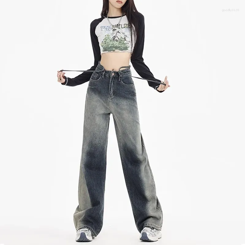 Kvinnors jeans avslappnad hög midja rak vintage gradient byxor baggy y2k bred ben grunge streetwear stil denim byxor