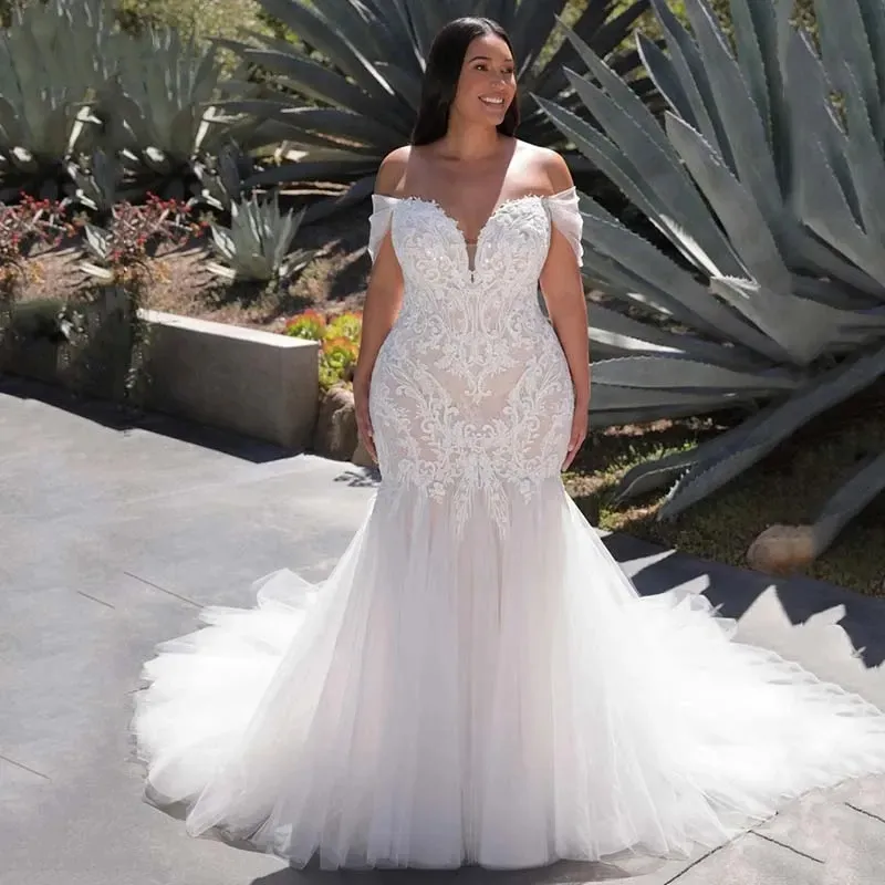 Sexy Sweetheart Mermaid Wedding Dress Plus Size Off The Shoulder Backless robe de mariee Lace Applique Long Train Ivory Tulle Bridal Gown vestidos
