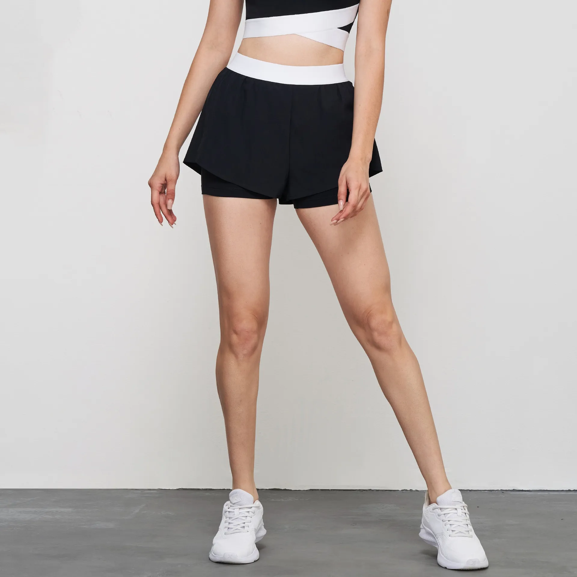 LU-1932 Cross Waistline Stitching Hem Tennis Fitness T-shirt Fake Two-piece Yoga Shorts Sports Suit