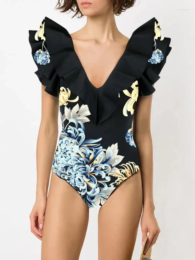 Maillots de bain pour femmes imprimé chrysanthème bord à volants profond V mystérieux élégant été est maillot de bain une pièce et couvrir 2024