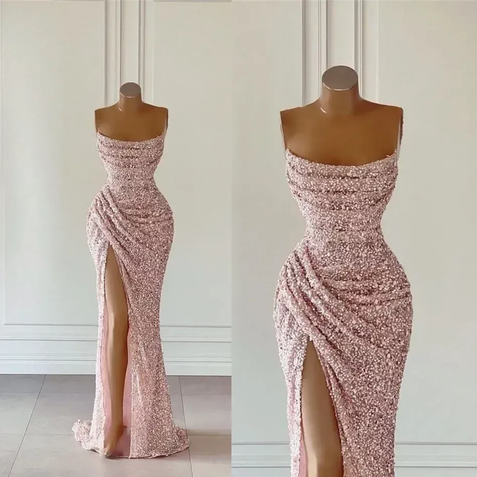 Goudroze roze pailletten prom -jurken sexy zeemeermin strapless split hoge avond Afrikaanse meisjes formeel feest ocn jurken op maat gemaakt bc