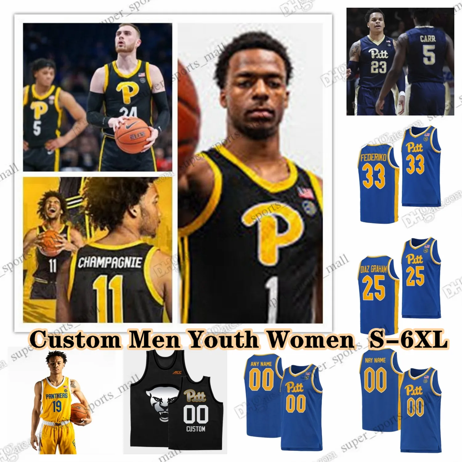 NCAA Custom S-6XL Pittsburgh Panthers college baskettröjor 2 Blake Hinson 5 Ishmael Leggett 7 Carlton Carrington 33 Federiko Federiko Jaland Lowe Zack Austin