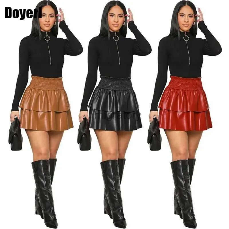 Skirts Skorts Ruffle Layered Mini Skirt Women Clothing Black High Waist PU Faux Leather Korean Fashion Style Solid Short Pleated YQ240223