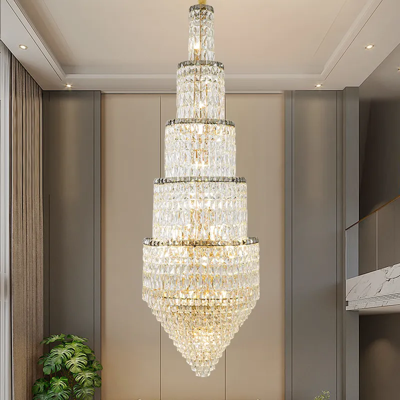 Light Luxury Stairwell Long Chandelier Villa Duplex Loft Hollow Post-Modern Simple Pick Empty Livingroom Chandelier Crystal Lamp