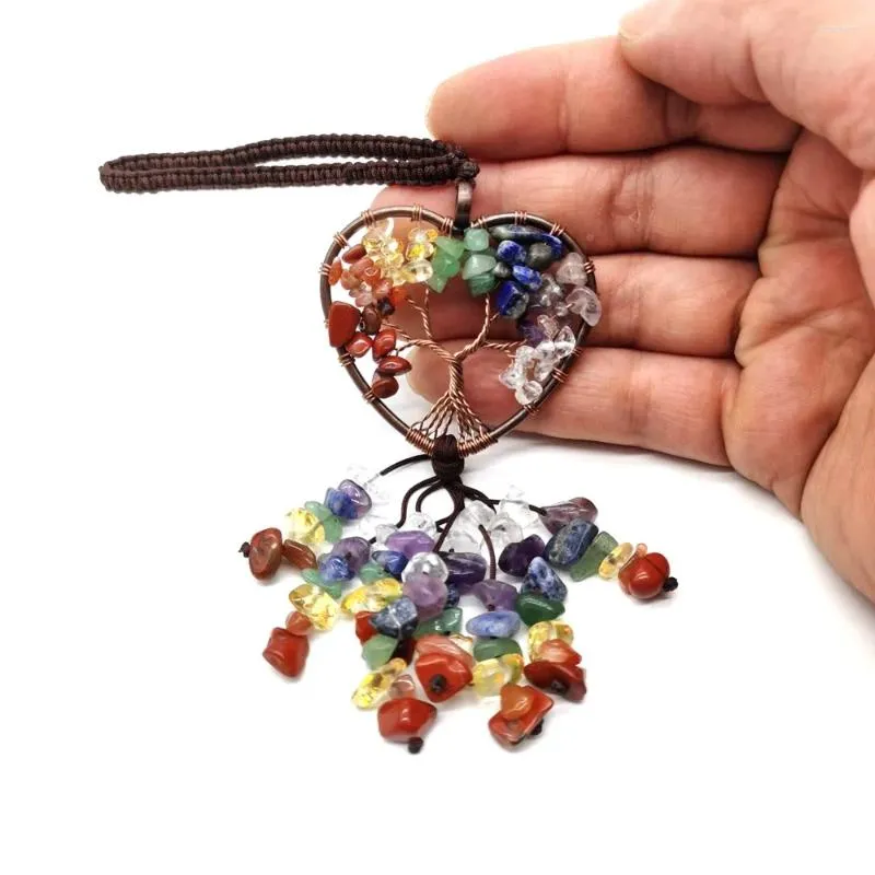 Keychains Healing Natural Stone Tree of Life Keychain Pendant 7 Chakra Copper Wire Wrapped Reiki Crystal Hang Decoration for Lady Handbag