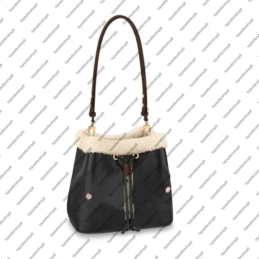 M56963 Neonoe MM Kvinnor Bucket Bag Real Sheepskin Rained Shearling Leather Dyed Cream Blue Caramel Pink Purse Shoulder Bag Crossbod322u