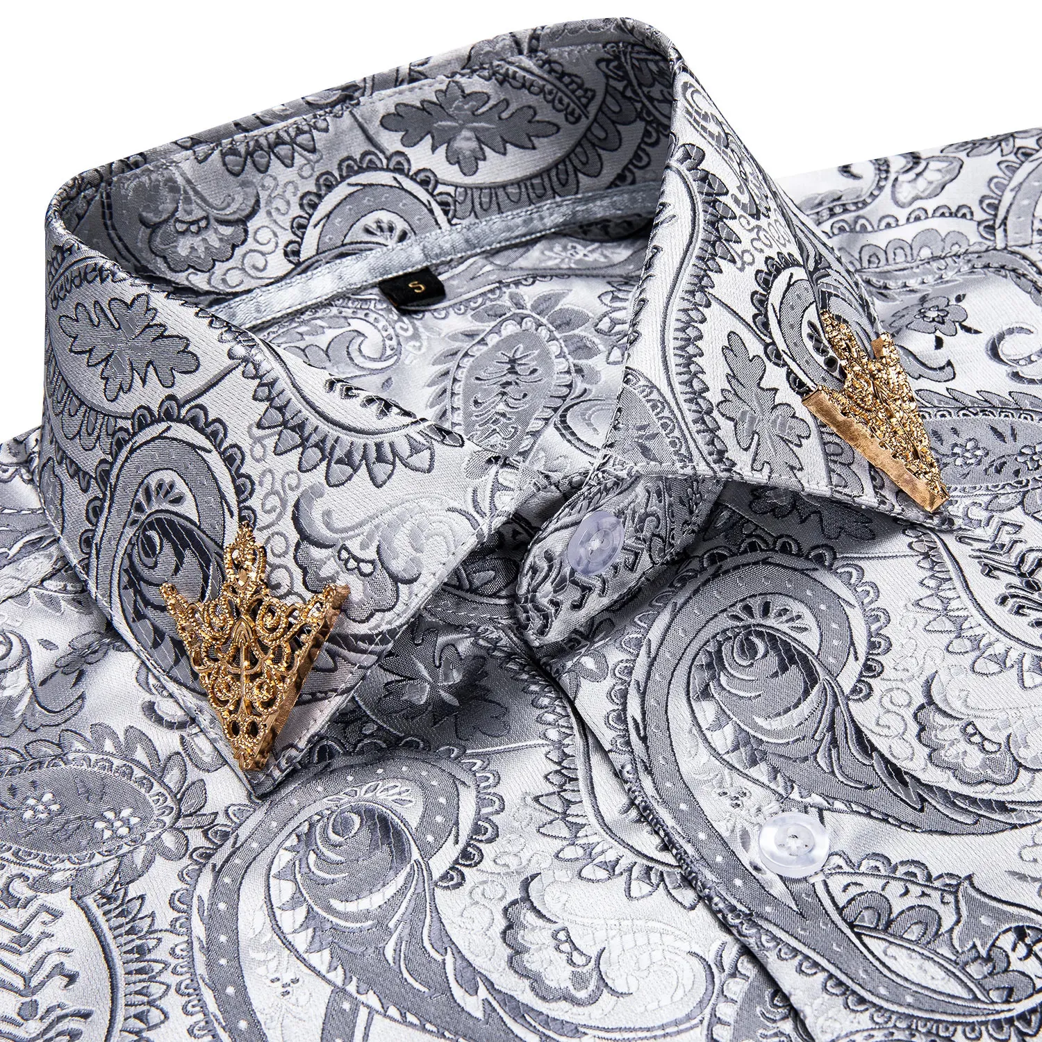Модная мужская рубашка с цветочным принтом пейсли, серебристо-белая деловая повседневная рубашка с длинным рукавом с воротником, брендовые мужские блузки на пуговицах 240125
