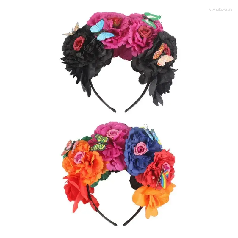 Заколки для волос Хэллоуин Моделирование Красочный цветок пиона Повязка на голову Фея для бабочки Мексиканский венок Косплей Костюм для вечеринки День
