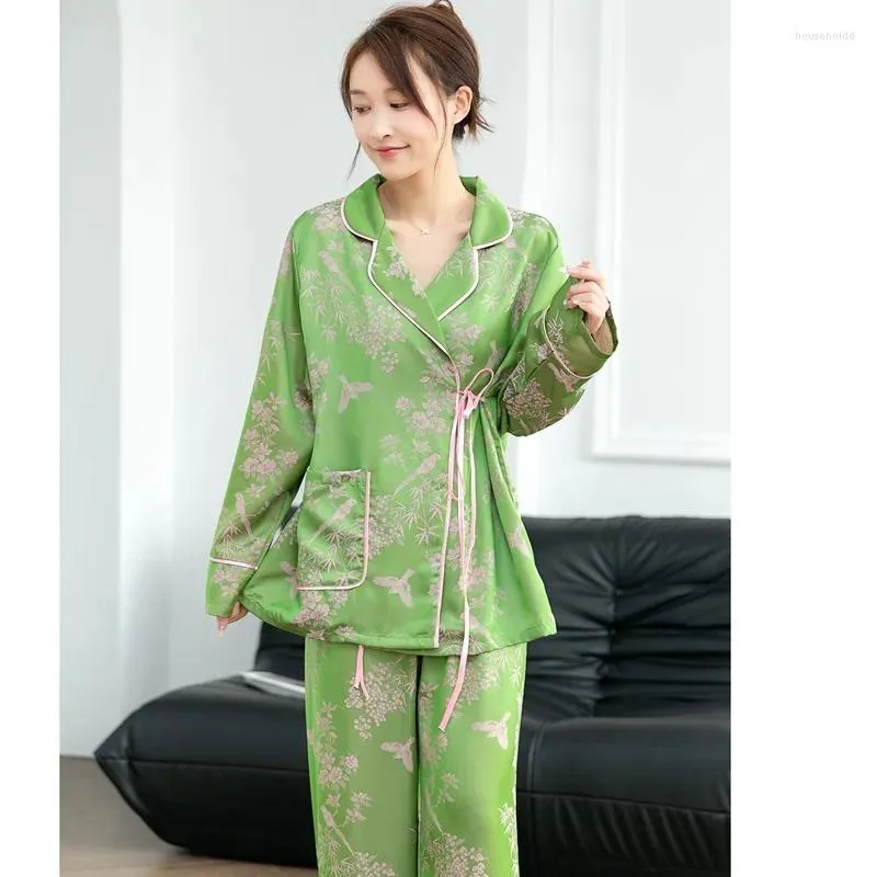 Pigiama da donna con risvolto Pigiama da donna Pigiama da donna Set Kimono a maniche lunghe Pantaloni Primavera Jacquard in raso Tute da notte Abiti per la casa