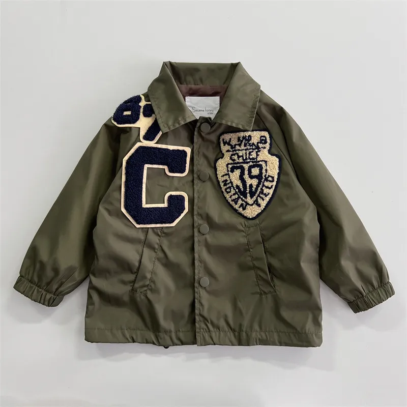 Boys girls letter embroidery patch trench coat kids lapel single breasted long sleeve outwear 2023 autumn children casual jacket S1094