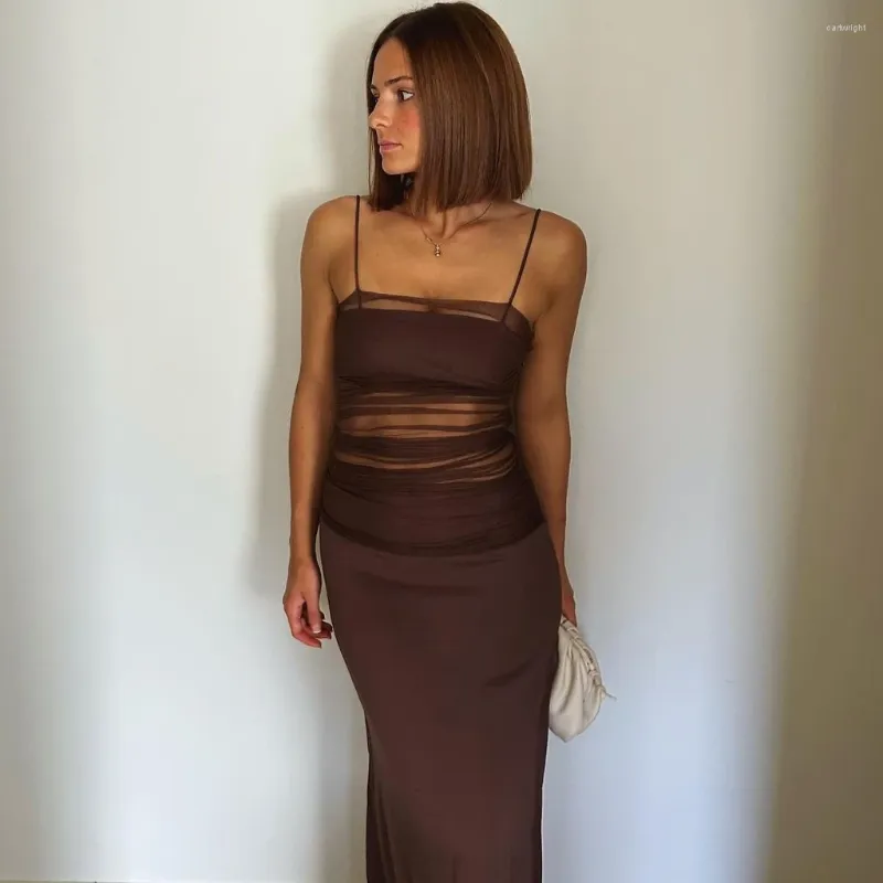 Casual Dresses 2024 Summer Women Sleeveless White Color Brown Sexy Spaghetti Strap Off The Shoulder Mesh Splicing Bodycon Dress