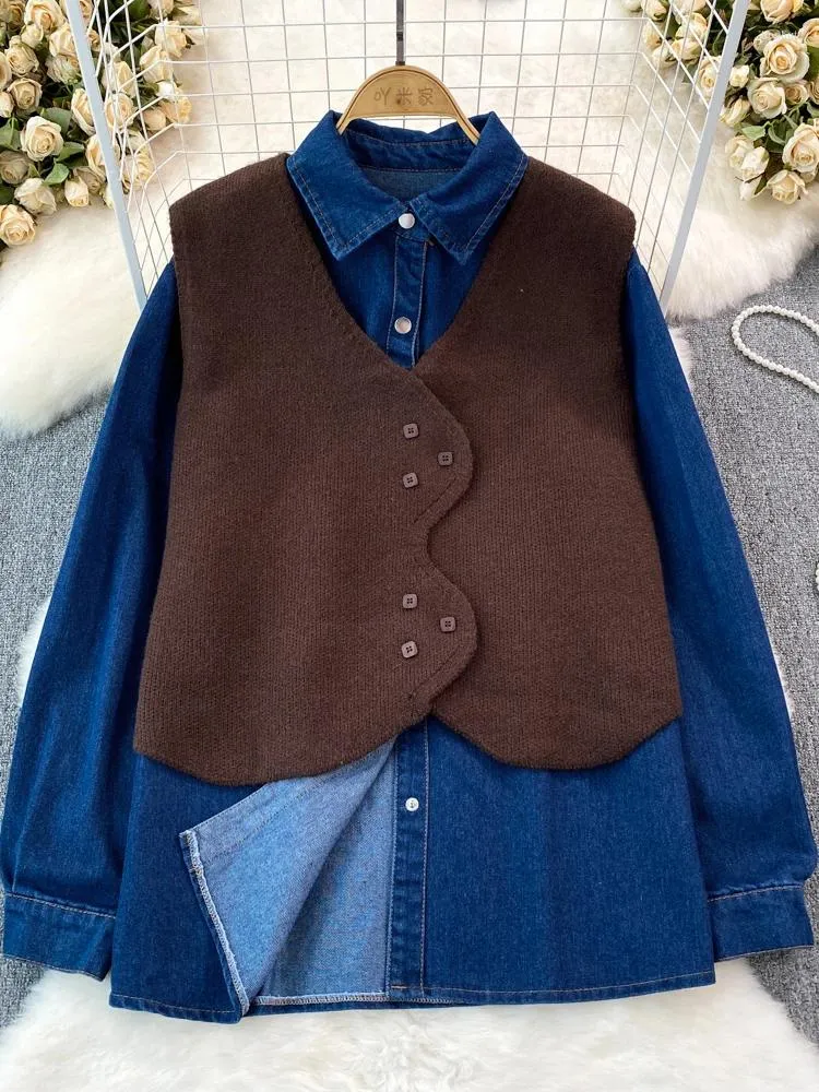Женские блузки XFPV, свободная однобортная джинсовая рубашка с длинными рукавами из двух частей, вязаный жилет с v-образным вырезом, пальто, корейская мода, осень 2024, SM8666