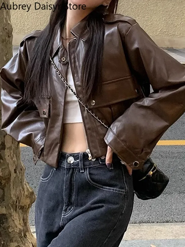 Jackor Brown Croped Leather Jacket Women Streetwear Moto Biker dragkedja läderjacka vinterpunk vintage casual blazer läderrock