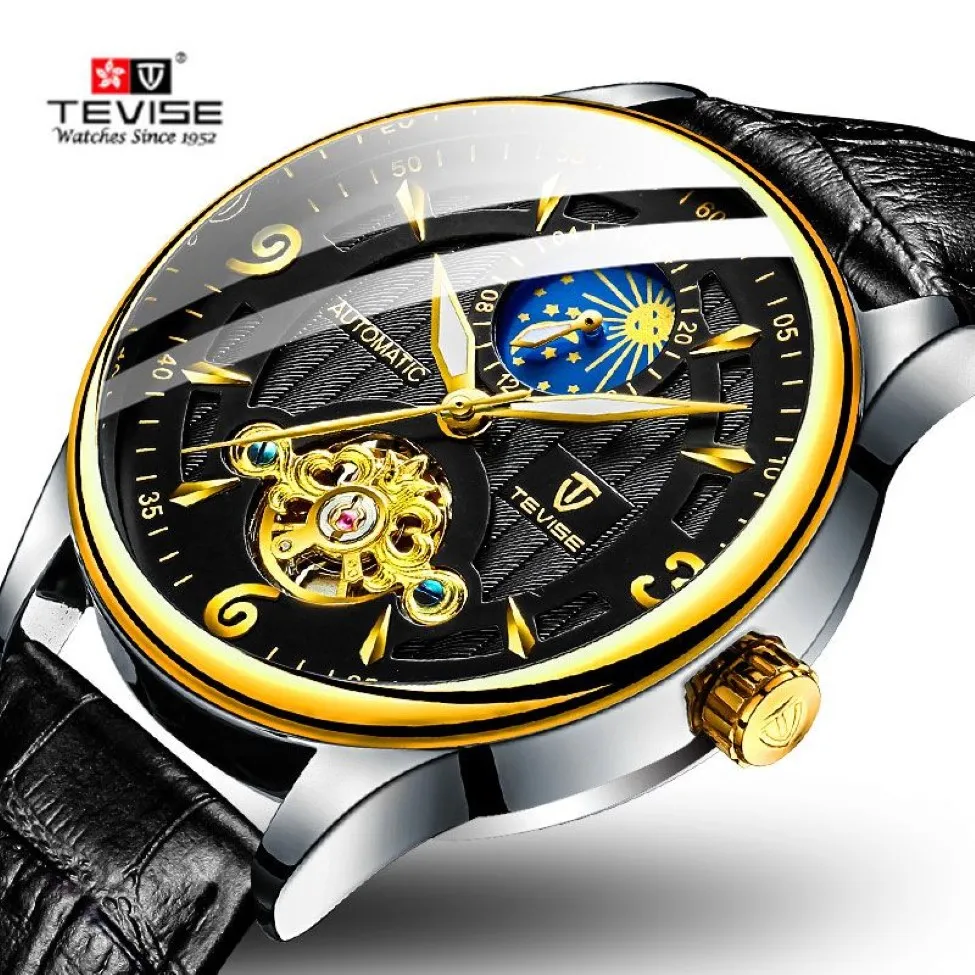 Marque de mode TEVISE hommes montre automatique mécanique bracelet en cuir phase de lune Tourbillon Sport horloge Relogio Masculino254r