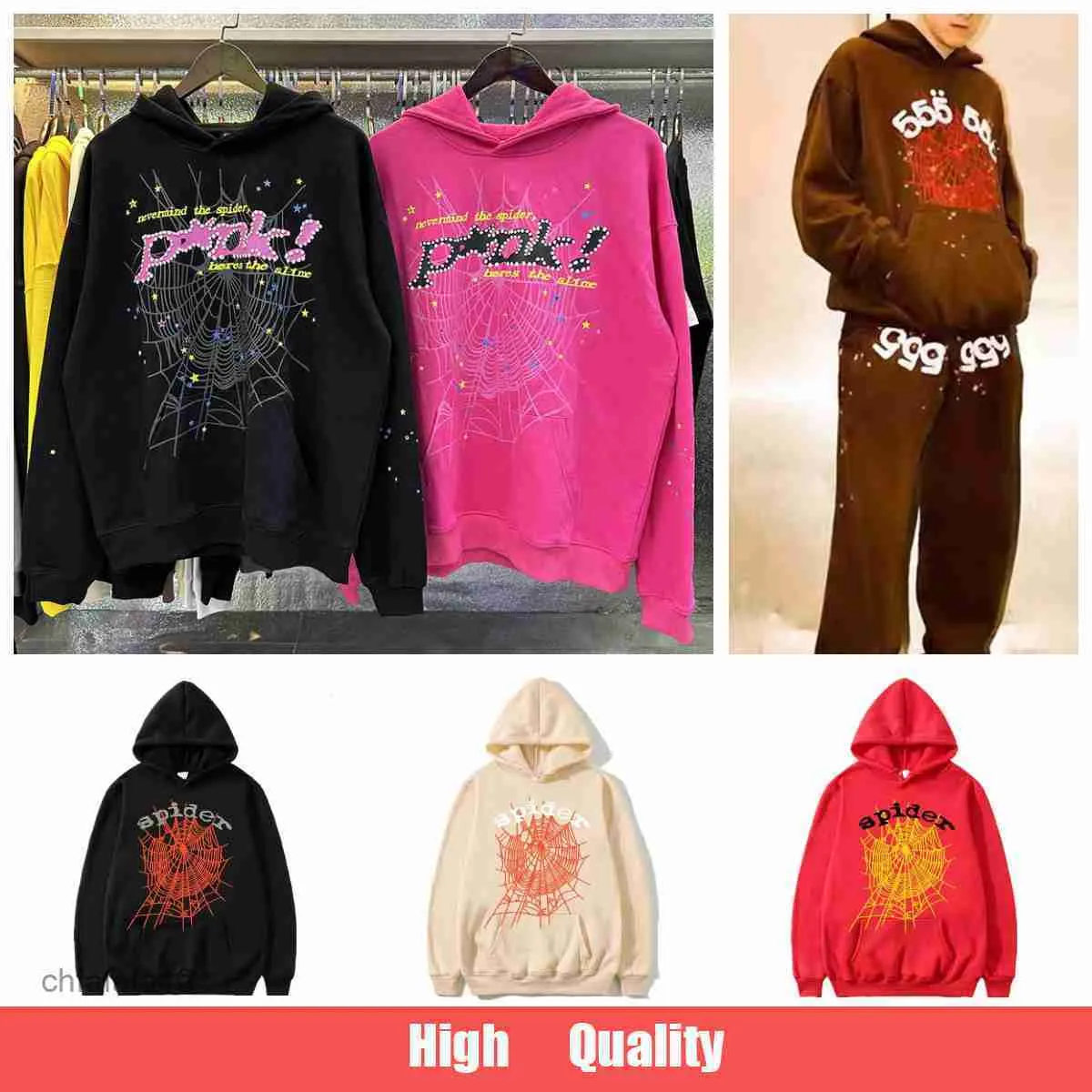 Sp5der Young Thug 555555 Hommes Femmes Sweat à capuche Sweat à capuche Rose Mousse Imprimer Spider Web Graphic Sweatshirts Pulls Sweat Joggers 8VZ6