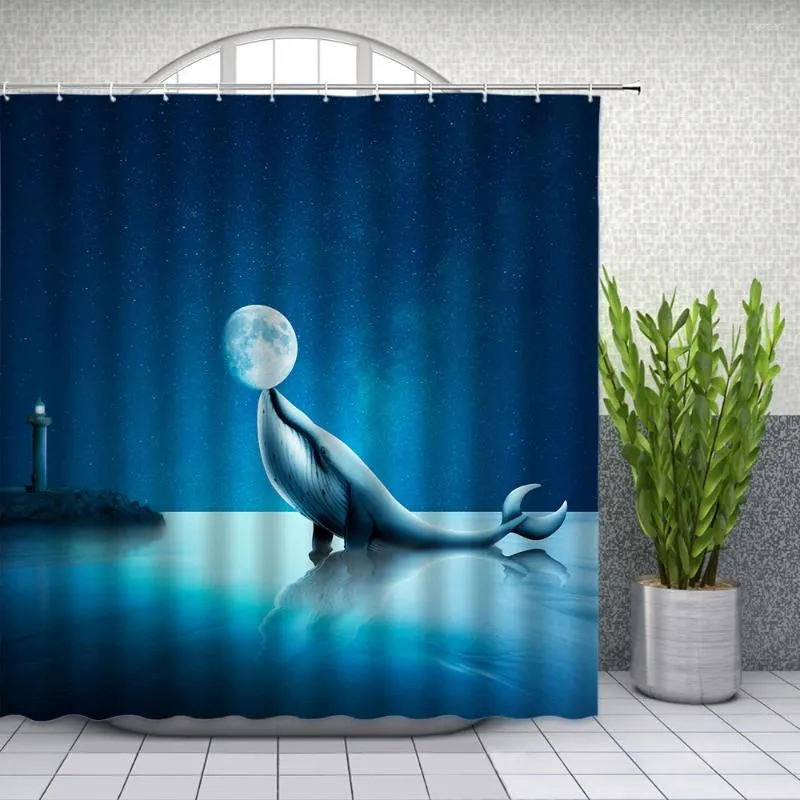 Shower Curtains Funny Whale Moon Starry Sky Scenery Ocean Lighthouse Bathroom Decor Home Bath Waterproof Polyester Cloth Curtain