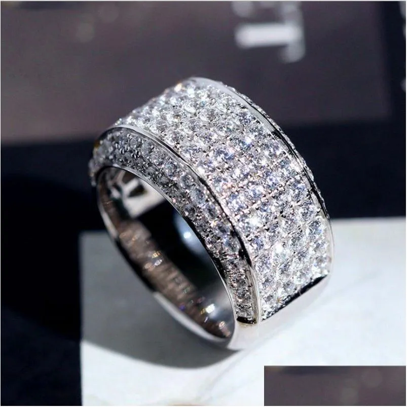 Bröllopsringar glittrande lyxiga smycken oändlig pärla 925 Sterling Sier Pave White Topaz Cz Diamond 18k Gold Plated Band Ring for Men Dhykz