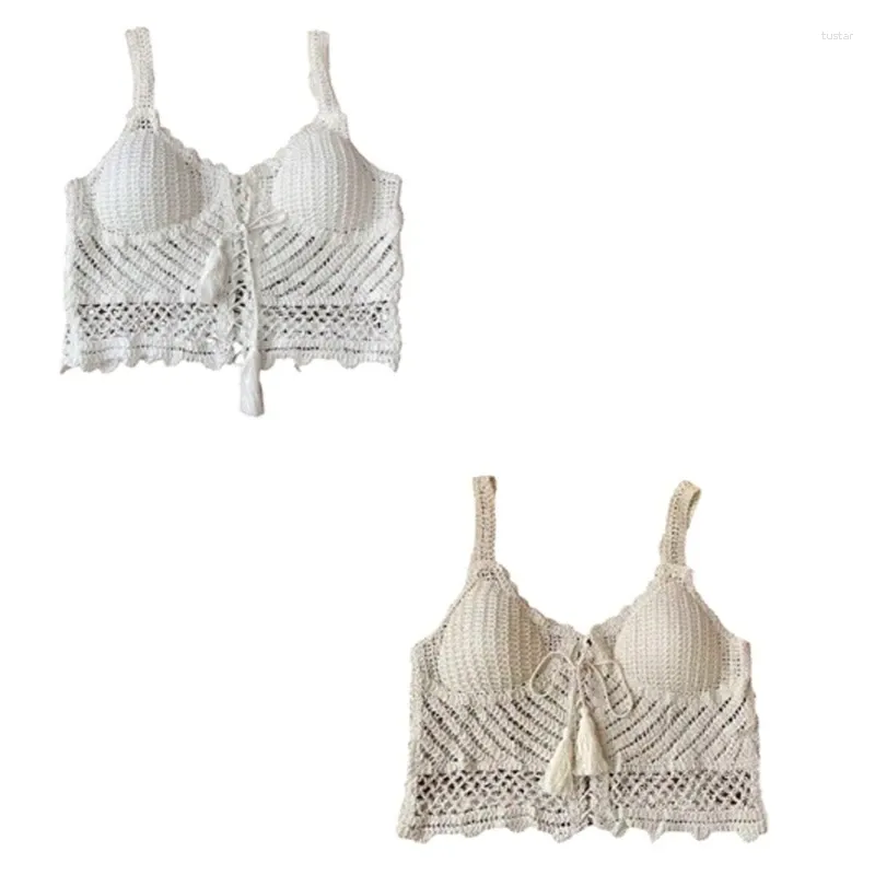 Kvinnors tankar Kvinnor Summer Hollow Crochet Knit Crop Top Lace-up Front V-Neck Cami Vest