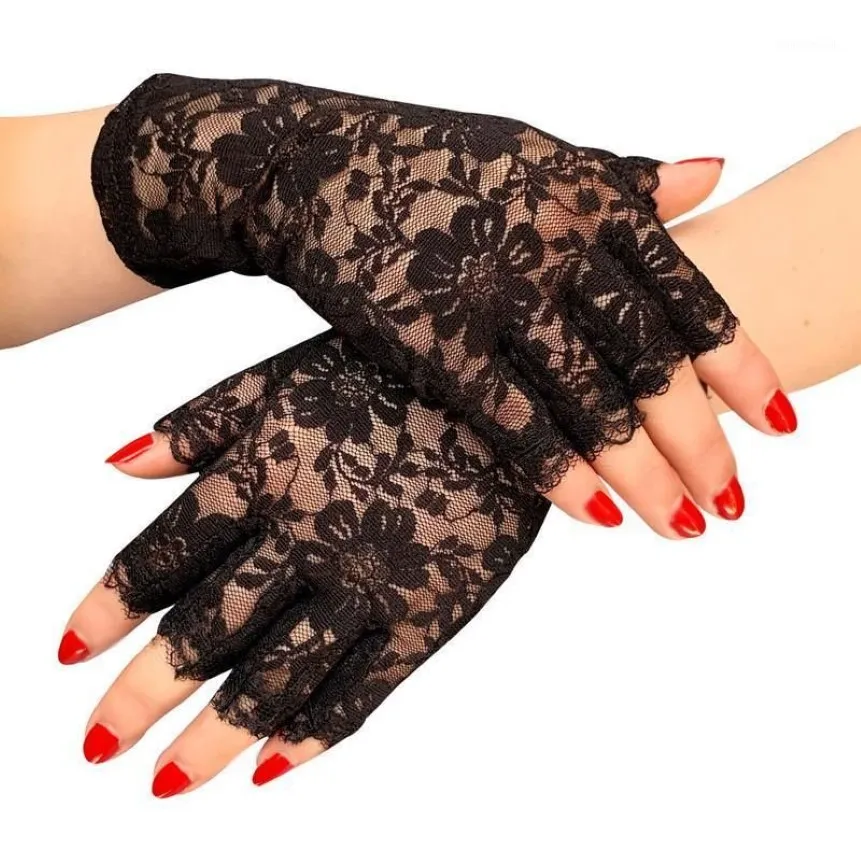 Fem fingrar handskar kvinnor sommar sexig svart ihålig spets solskyddsmedel andas tunn halv finger prom dekoration etikett pol dance232f