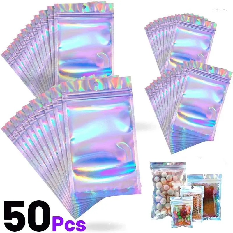 Pochettes à bijoux 50 pièces, petits sacs en plastique auto-scellants au Laser pour pochette avec fenêtre d'affichage transparente, emballage sac de rangement cadeau