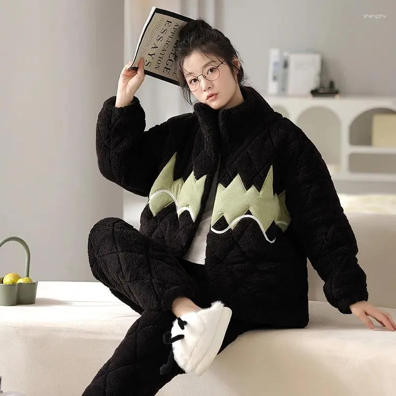 Dames Nachtkleding Koreaanse Mode Winter Warm Nachtkleding 2 Delige Set Pyjama Drielaags Coral Fleece Jong Meisje Vrouwelijke Homewear