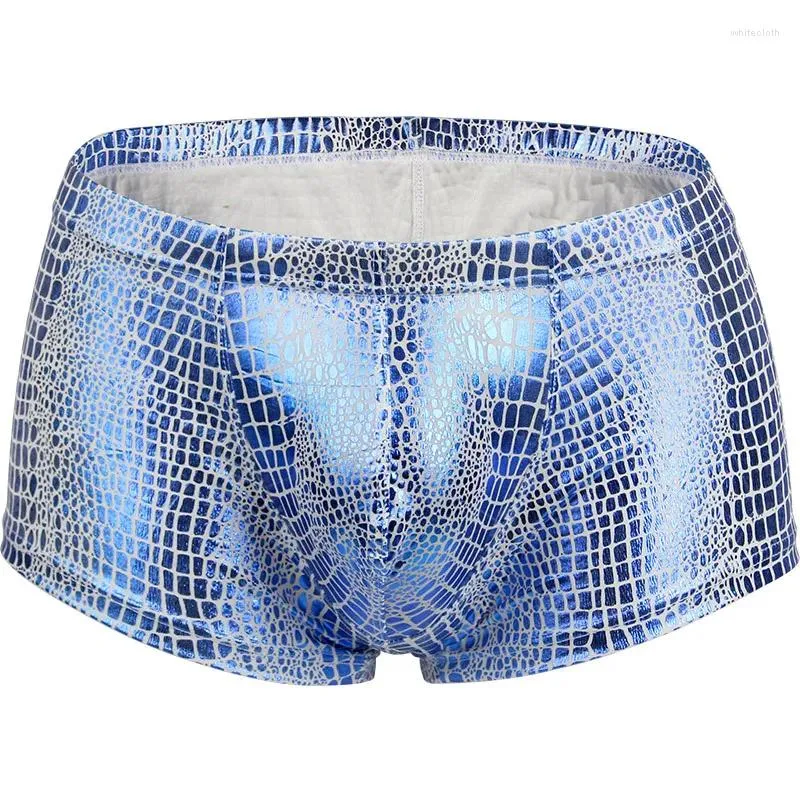 Cuecas sexy gay roupa interior homens boxers shorts falso couro cobra pele crotchless baixo aumento u convexo bolsa calcinha cueca calzoncillo M-XXL