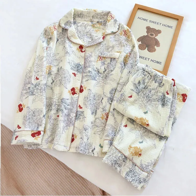 100% Cotton Gaze Women Pyjamas Sleepwear Female 2 Piece Set Ink Målning Tryck Nattkläder Pyjamas Home Clothes Loungewear 240219