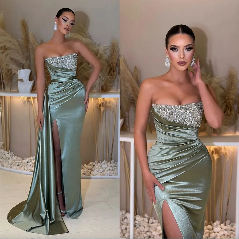 Robe de bal verte élégante, sans bretelles, tenue de soirée, plis, fente sur les cuisses, longue, formelle, pour occasions spéciales