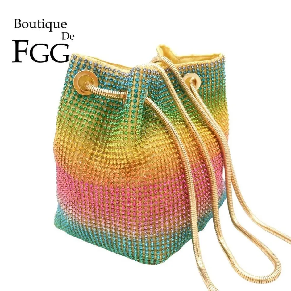 Boutique de fgg arco-íris feminino mini corrente bolsas de ombro e bolsas cristal embreagem sacos noite strass festa crossbody saco q258t