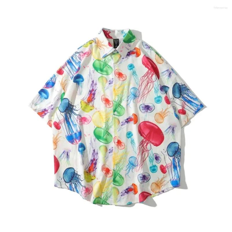 Camisas casuais masculinas Multi-cor Jellyfish Gráfico Oversized Havaí e Blusas Férias Verão Tops Tees Goth Mulheres Roupas Estéticas