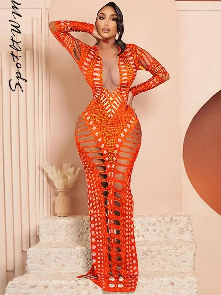 Casual Dresses Women Printed Hollow Out Bodycon Dress Sexy Long Sleeve With Iron Diamond Print 2024 Summer Beach Party Club Vestidos