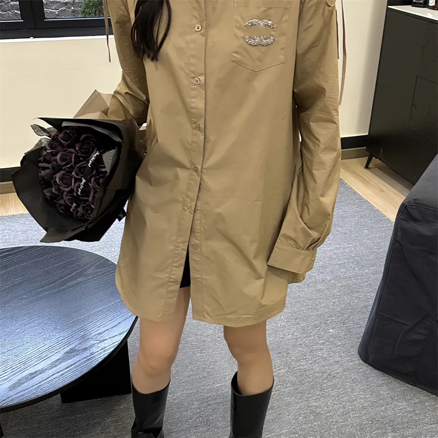 Elegant Khaki Shirt Dress - Women's Spring Long Sleeve Button Up Dress with  Crystal Accents & Pockets, Minimalist Designer Style from Dhgate Basic &  Casual Dresses - price 44.83