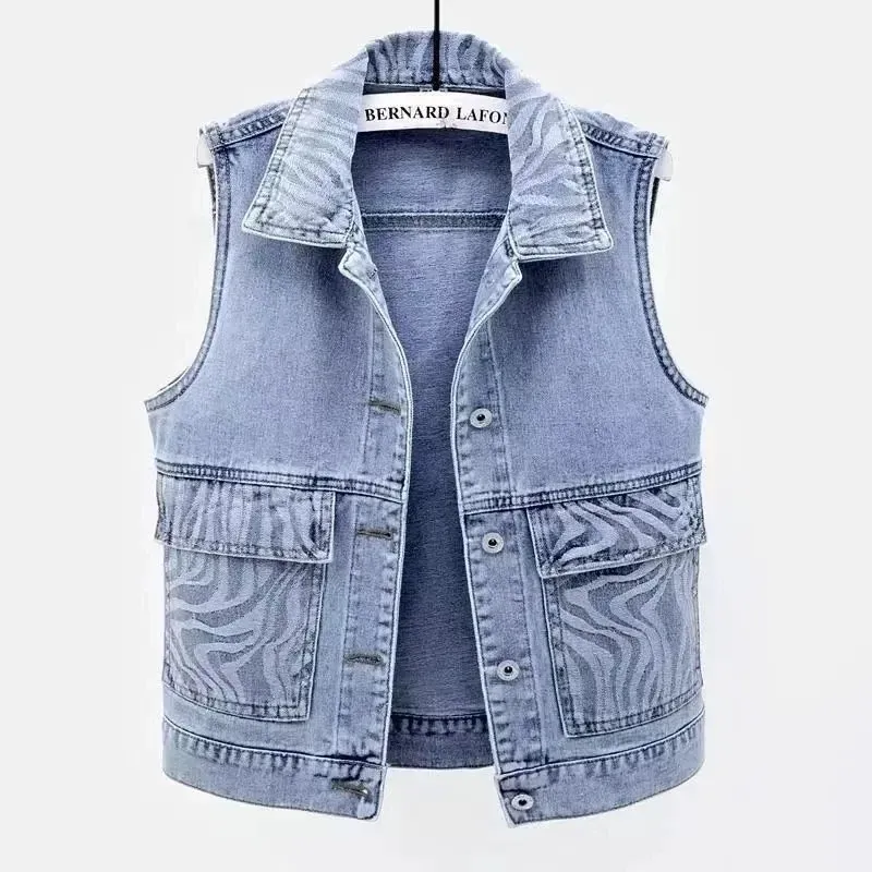 Gilets 2023 printemps automne nouveau gilet en jean femmes AllMatch section courte motif de couture rayure grande poche veste gilet hauts tendance